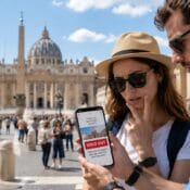 Visitor looking at a phone near Vatican walls with “tickets sold out”