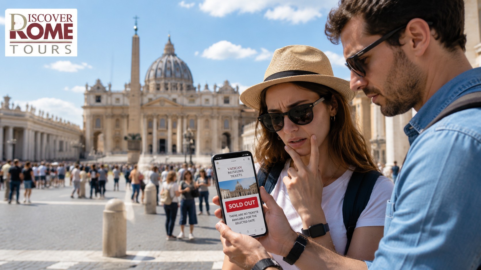 Visitor looking at a phone near Vatican walls with “tickets sold out”